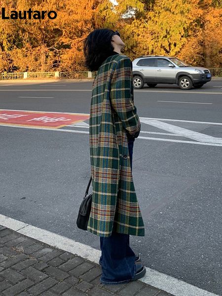 

women's jackets lautaro autumn winter long oversized plaid trench coat for women double breasted loose casual green tweed coats korean, Black;brown