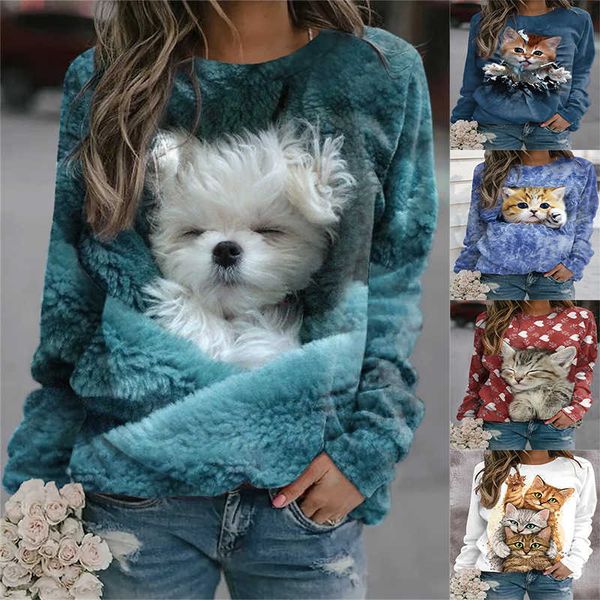 

2023 spring leisure animal print long sleeve round neck sweater, White