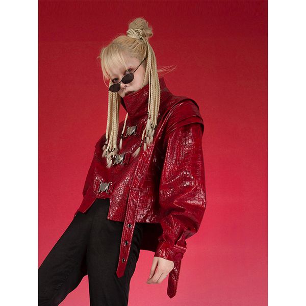 

women's jackets froglet original design autumn profile metal buckle stand collar irregular red motorcycle jacket faux leather 230310, Black;brown