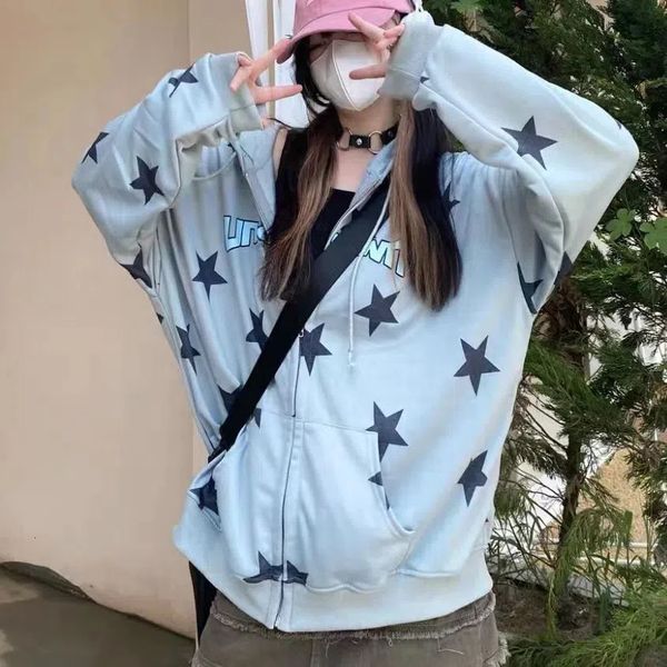 

womens hoodies sweatshirts hip hop blue hoodies women stars print design vintage american ladies casual sweater y2k harajuku zip up hoodie g, Black