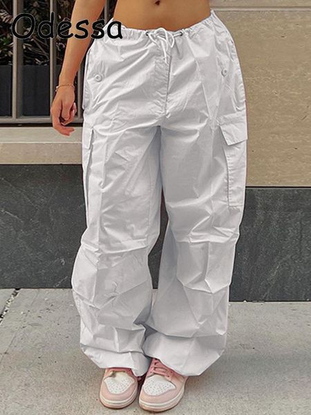 

women's pants capris odessa casual baggy wide leg sweatpants loose drawstring low waist streetwear cargo pants big pocket hippie jogger, Black;white