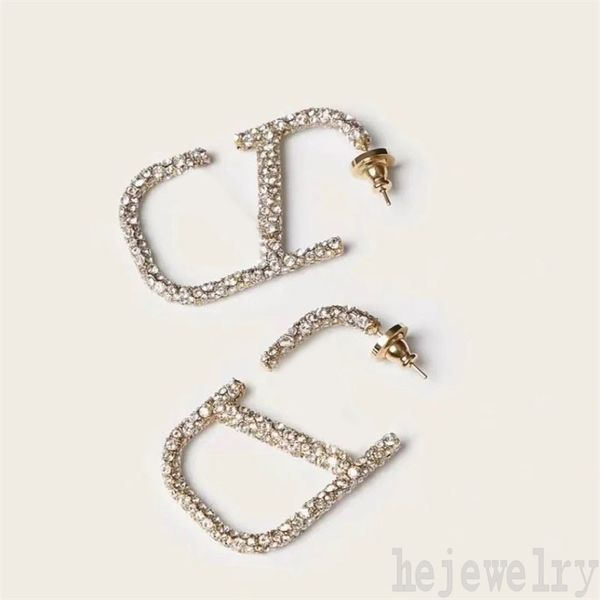

crystal gold plated diamond designer earrings sparkling small zircon hyperbole double letter v classical ohrringe luxury jewelry female stud, Golden;silver
