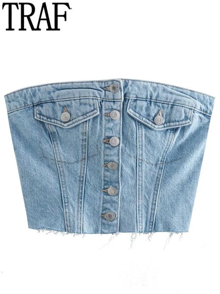 

women's tanks camis traf blue denim corset women off shoulder crop tube female fashion streetwear y2k s woman summer s 230310, White