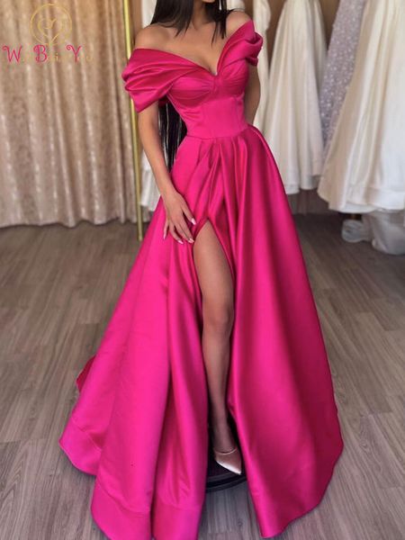 

party dresses fuchsia satin evening 2023 long floor length front split sweetheart a line off shoulder prom gown women elegant simple 230310, White;black