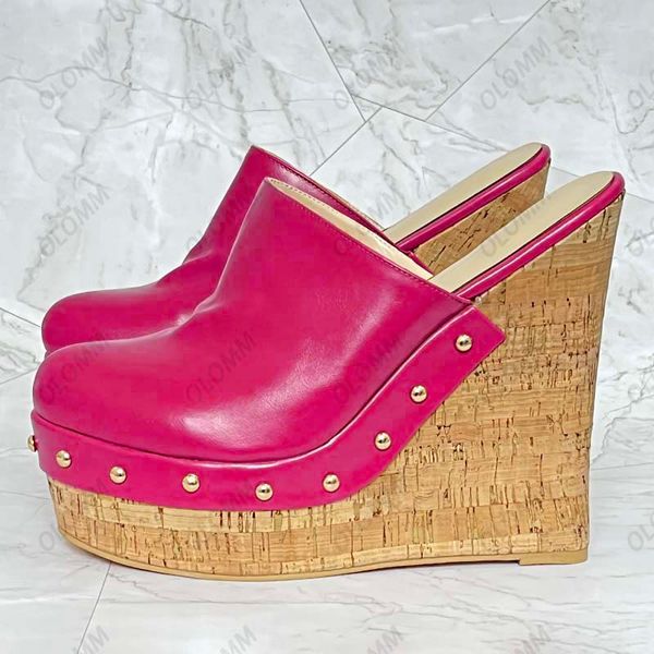 

olomm handmade women platform mules sandals rivets wedges heels round toe beautiful brown cosplay shoes us plus size 5-20, Black