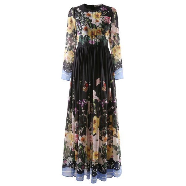 

high-quality runway style long-sleeve silk blend printed dress, White;black