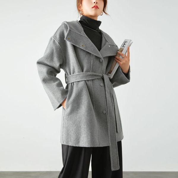 

women's jackets spring 2023 hooded doublesided cashmere coat women's midlength small children's woolen 230310, Black;brown