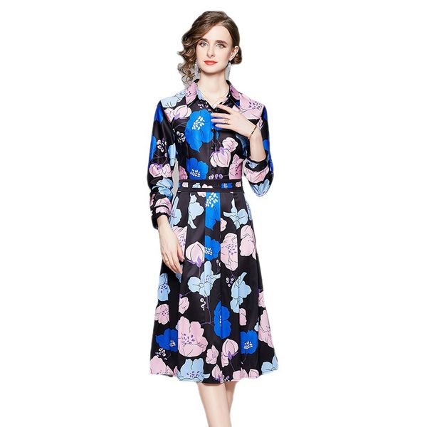 

2023 flowy casual floral dress shirt waist spring designer women long sleeve high street elegant blue printed midi dresses button slim ladie, Black;gray