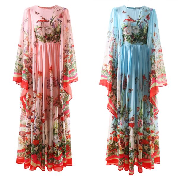 

high-quality flare long-sleeves silk blend printed dress, Black