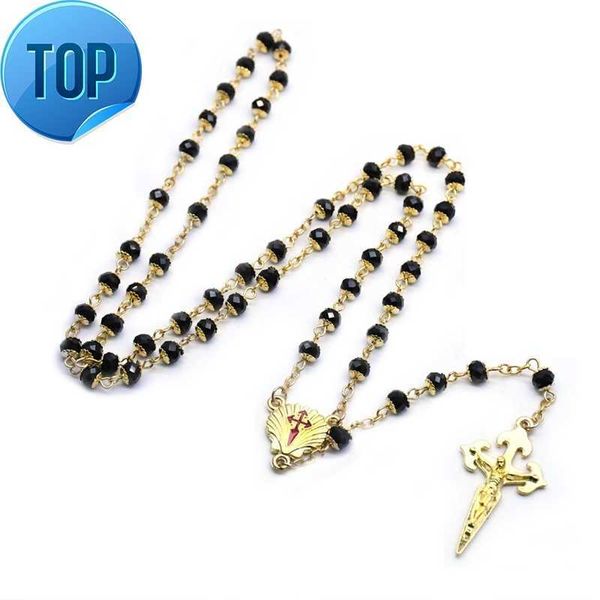 

santiago cross rosary necklace gold cross black crystal catholic necklace religious jewelry, Silver