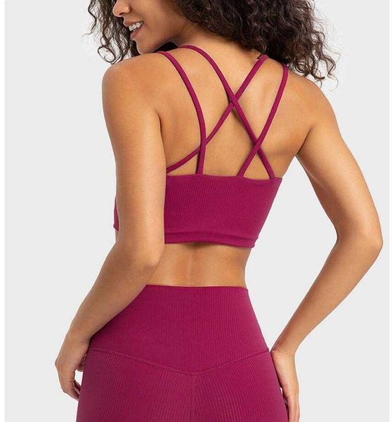 

lu-366 stripped rib fixed cup sports bra cross back fashion short tank camis gym clothes women underwear, White