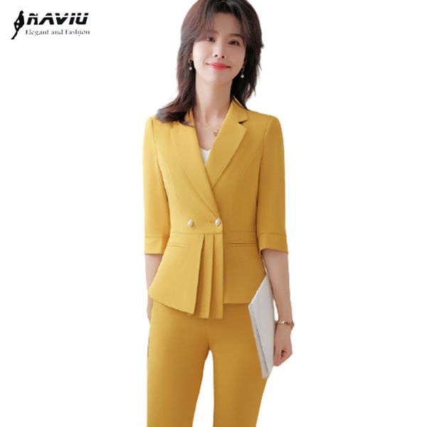 

women's suits blazers yellow suits women spring summer casual formal business half sleeve slim blazer and pants office ladies work wear, White;black
