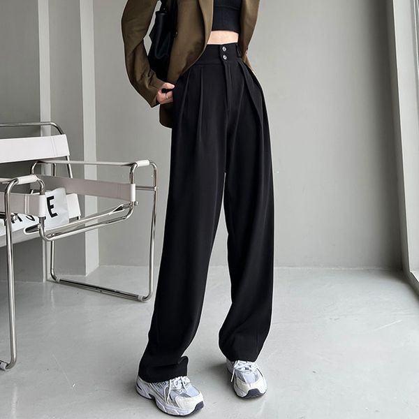 

women's pants capris lucyever korean office loose straight women's pants fashion high waist wide leg pants for women black gray ca, Black;white