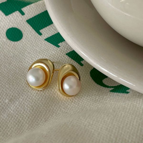 

white pearls stud earrings 925 sterling silver post earring hand-made designer vintage luxury jewelry accessories gift for women gold silver, Golden;silver