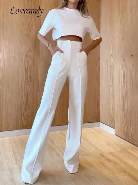 

women's two piece pants short sleeve straight set women casual oneck shirt and high waist pant 2 suit solid loose office lady outfits 2, White