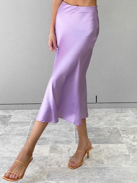 

skirts restve casual women high waisted long purple satin office ladies elegant solid silk midi spring summer 230310, Black