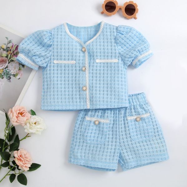 

pajamas v neck bubble sleeve woven pocket pants 2 piece set 230310, Blue;red