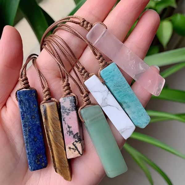 

natural stone pendant raw mineral irregular rectangle quartz pendulum amazonite tiger eye lapsi pink crystal necklaces, Silver