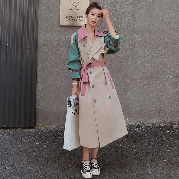 

women's jackets contrast color patchwork women long korean loose coat double breasted sashes casual autumn outerwear windbreaker 230310, Black;brown