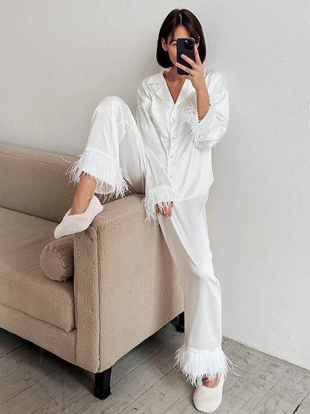 

women's sleepwear hiloc fashion white feathers sleepwear women pant sets long sleeve women's suit single-breasted satin pajama wom, Black;red