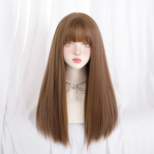 

synthetic wig asian fashion lolita female net celebrity daily activity brown straight hair, Black