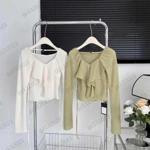 

womens clothes t-shirt front neck flanged trim v-neck pullover t-shirts waist lace-up design long sleeve slim tees 2 colors t-shirts women, White
