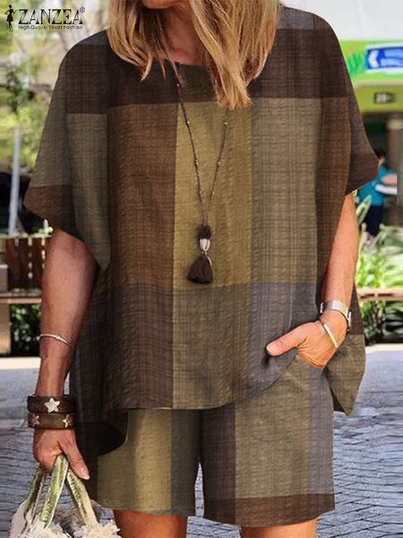 

womens two piece pants zanzea womens summer short sleeve shirt two piece shorts suits casual tracksuit plaid checked sets matching set stre, White