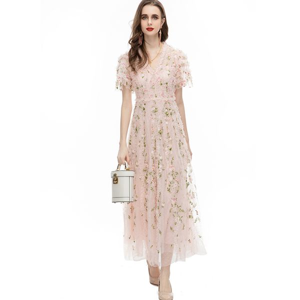 

women's runway dresses o neck short sleeves appliques embroidery floral layered fashion designer vestidos party prom gown, Black