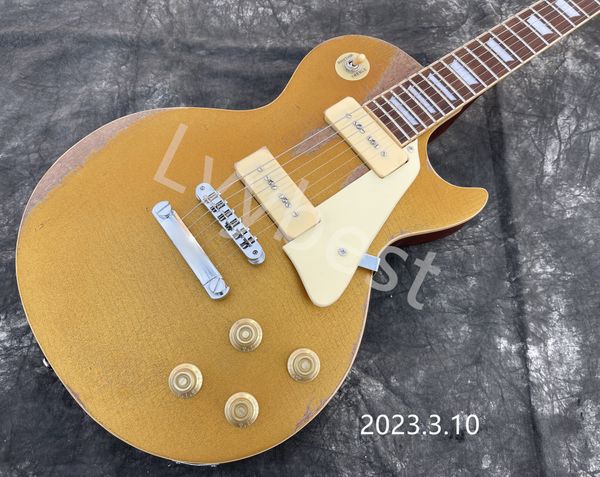 

electric guitar gold metalic 2 soap shape p90 cream pickups relic wear off small pin bridge chrome parts with pickguard