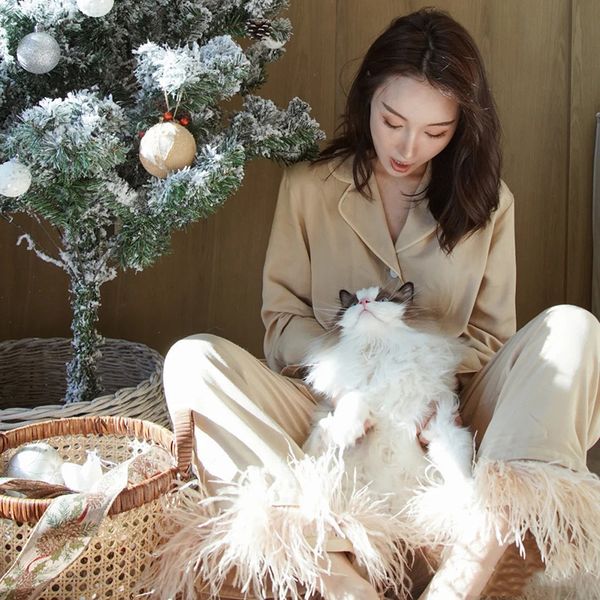 

women's sleepwear luxury ostrich hair cotton feather sleepwear for women pajamas set loose long-sleeved trousers 2 pieces sets female c, Black;red