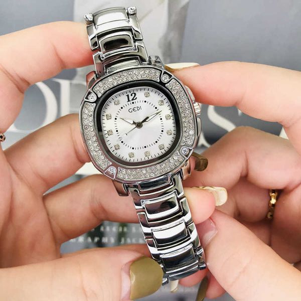

goldie watch with diamond solid steel band butterfly buckle women's waterproof fashion korean square quartz watch, Slivery;golden
