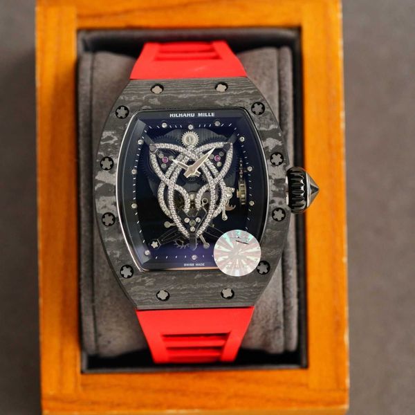 

luxury automatic mechanical watch richa milles carbon fiber upper and lower anti-reflective refraction coating blue glass gold buckle moveme