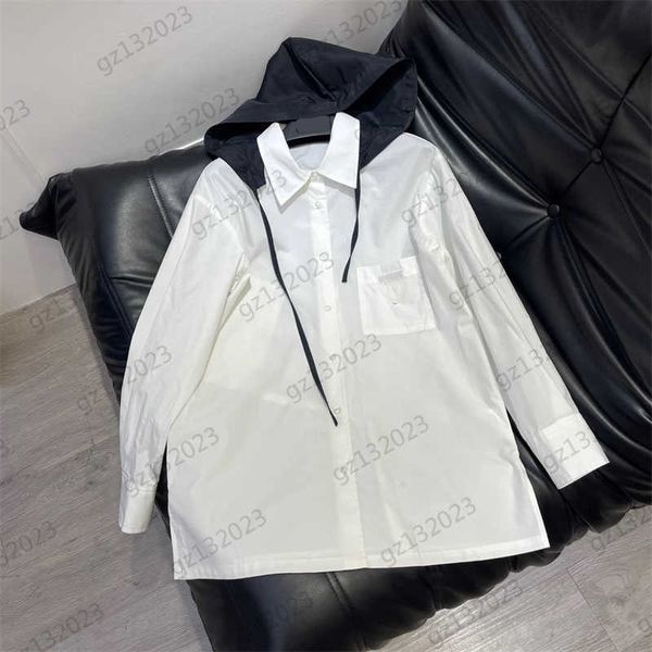 

womens blouses patchwork drawstring design contrasting color hooded shirts button cardigan long sleeve pocket blouse designer women, White
