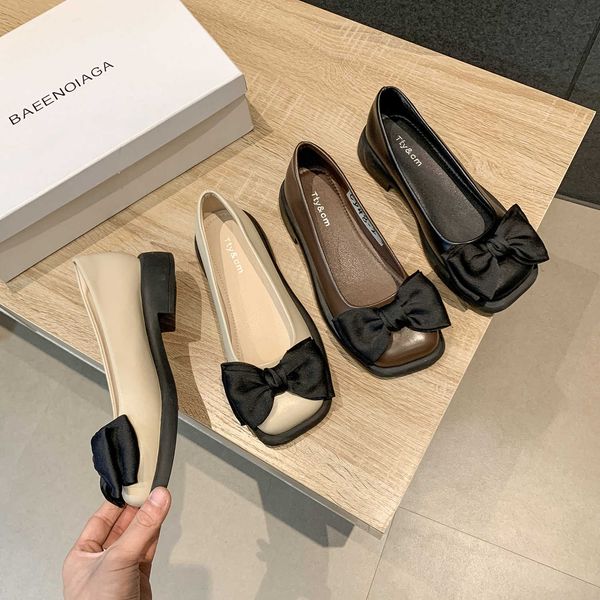 

dress shoes ins butterflyknot small leather shoes women 2022 mary janes shallow slip on moccasins square toe low heels loafers woman flats j, Black