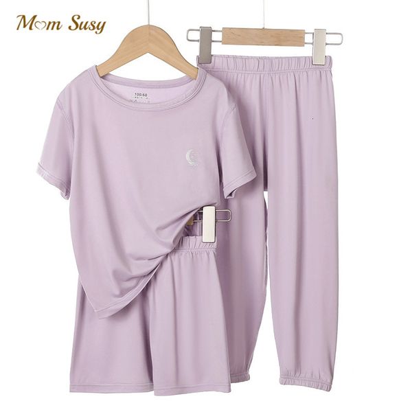 

pajamas baby milk silk pajamas set tshirtpantshirt 3pcs child clothes set short sleeve sleepwear baby lounge clothes home suit 2-12y 230310, Blue;red