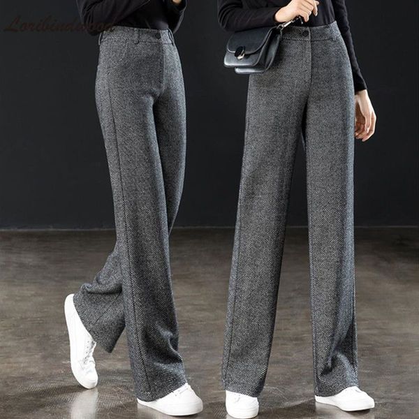 

women's pants capris herringbone pattern woolen wide leg pants for woman spring autumn high waist straight trousers pants ladies slim s, Black;white