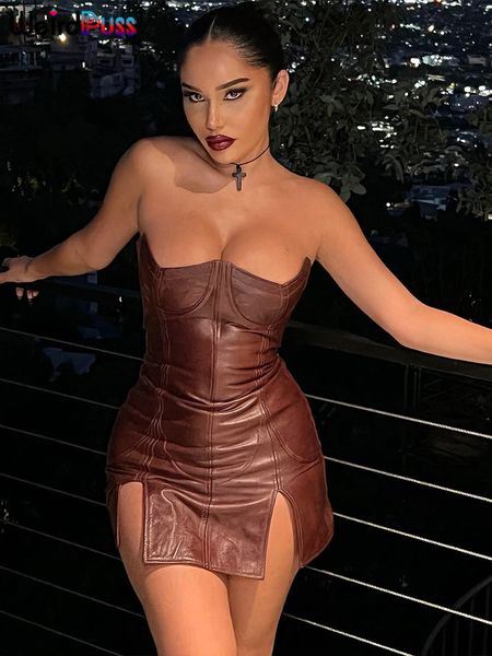 

casual dresses weird pus backless dress strapless split faux leather trend skinny solid coquette bodycon midnight vacation clubwear 230309, Black;gray
