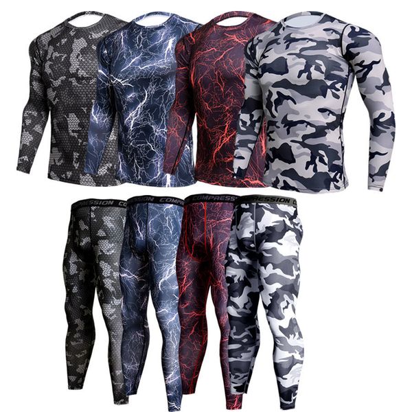 

mens tracksuits 2 piece tracksuit men compression mma long sleeve t shirt rashgard kit camouflage sweatshirtleggings fitness thermal underwe, Gray