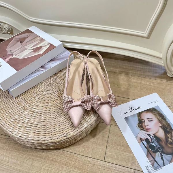 

2023 new luxury designer sandals rhinestone bow pointed silk fabric sheepskin tiptoe with box size 35-40, Black