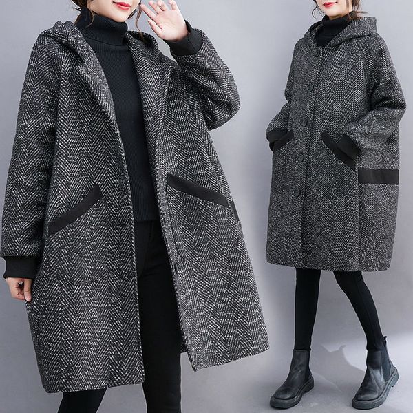 

women's jackets overcoat large size autumn and winter korean version loose hooded coat medium long wool jacket windbreaker t742 230310, Black;brown