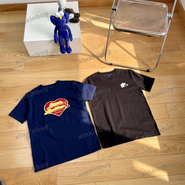 

xinxinbuy men designer tee t shirt 23ss love knitting embroidery short sleeve cotton women black white gray blue s-xl, Black;brown