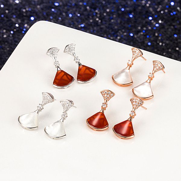

s925 sterling silver small skirt ear studs seiko women's fan white fritillary red agate net red ear accessories, Golden;silver