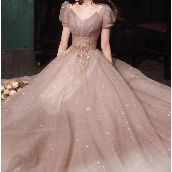 

luxury light purple pink evening dress v-neck puff sleeve backless shiny sequins a-line banquet evening elegant party prom gown new, Black;red