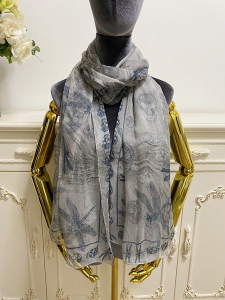 

women's square scarf scarves shawl 100% silk material grey pint letters dragonfly pattern size 180cm - 110cm, Blue;gray