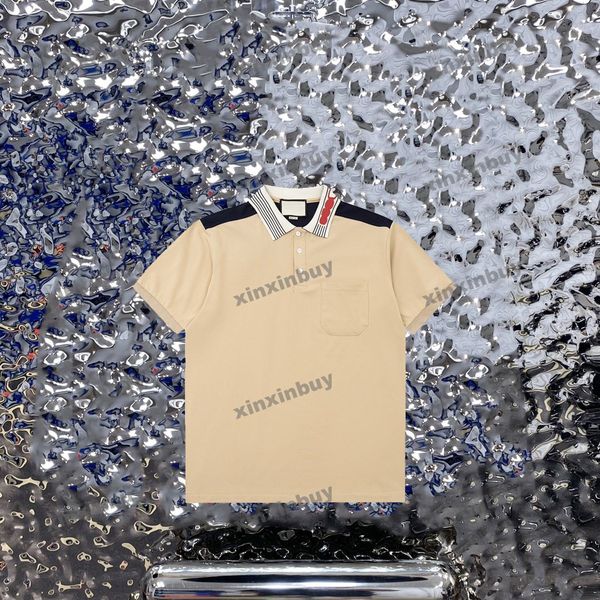 

xinxinbuy men designer tee t shirt 23ss panelled letter collar jacquard short sleeve cotton women black white blue green xs-2xl, Black;brown