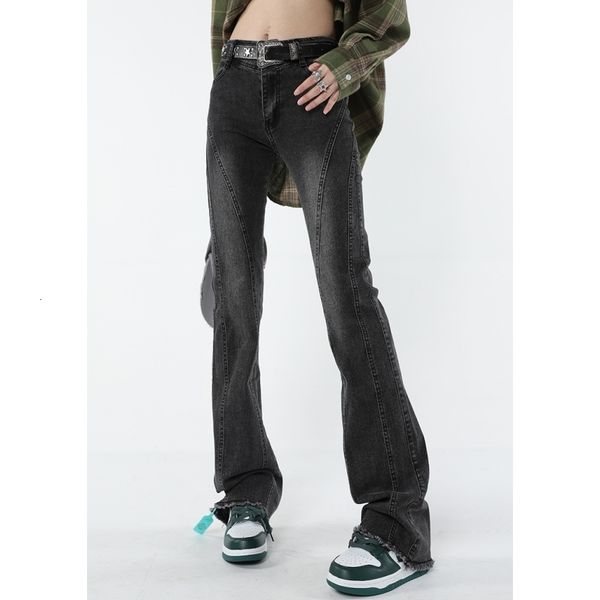 

women's jeans vintage dark grey high waist women jeans flare pants american fashion wide leg jean female denim trouser baggy denim pant, Blue