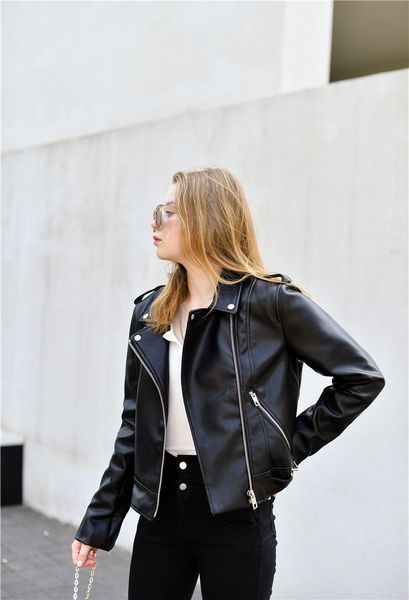 

women's jackets zvri spring black fauxleather jacket casual zipper and belt cycling jacke 230310, Black;brown