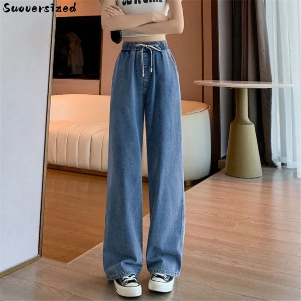 

women's jeans baggy oversize 6xl wide leg jeans lace up women denim trousers straight pant elastic high waist vaqueros korean street pa, Blue