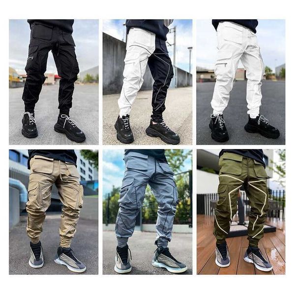 

men's reflective night running sport pants side pockets cargo harem pant joggers trousers fashion casual newest, Black