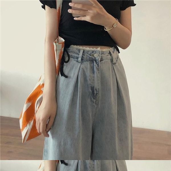 

women's jeans women jeans vintage female wide leg trousers lace pleated women clothes casual loose denim pant high waist fashion korean, Blue